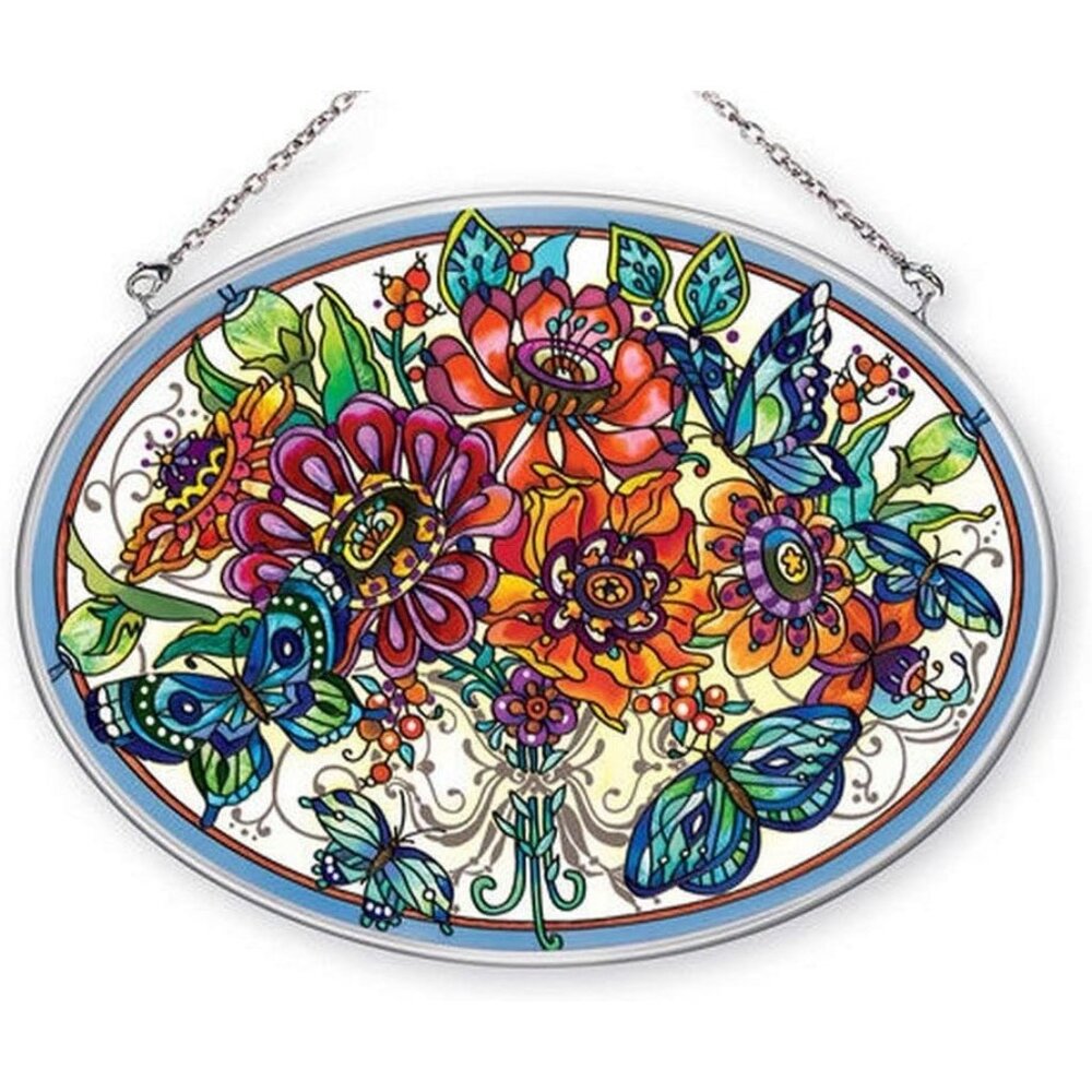 Amia Floral Stained Glass Sun Catcher With Colorful Flowers & Butterflies, 6.5"